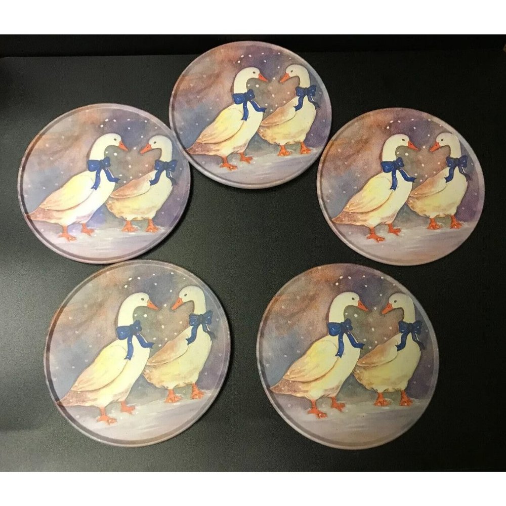 Vintage J.S.N.Y. 5pc Lot Cork Backed Tin 3” Coasters Winter White geese W/Scarfs